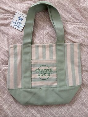Trader Joe's Sage Green and Cream Striped Canvas Tote